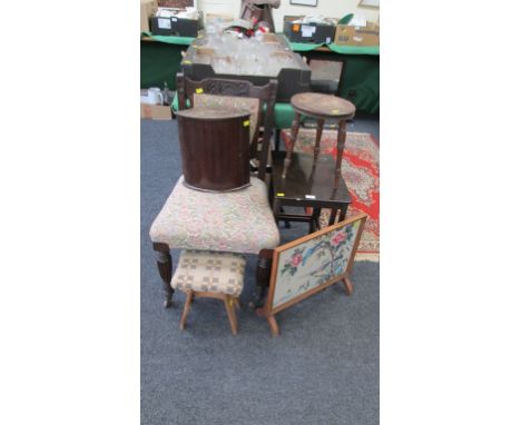 An Edwardian mahogany single chair, a mahogany bow front corner cupboard, a nest of two occasional tables, a firescreen and t