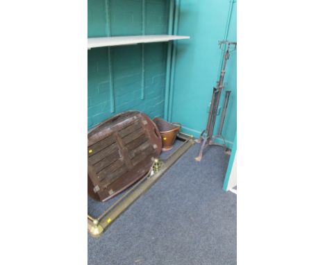 An early 19th century cast iron paraffin lamp telescopic stand, a copper coal scuttle, butler's-type tray and a Victorian bra