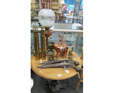 A copper and brass oil lamp, and other wares