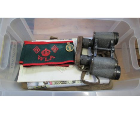 Womens Land Army, two cloth armbands, one with enamel badge, a pair of bib overalls, long socks, a 1947 exhibition programme,
