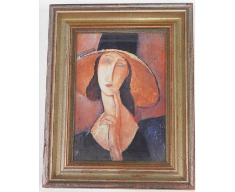 After Modigliani. Portrait of a lady, coloured print, 25cm x 18cm.