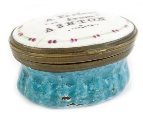A late 18th/early 19thC Staffordshire enamel patch box, the oval hinge lid decorated a 'Present from Ashton', 4cm W.