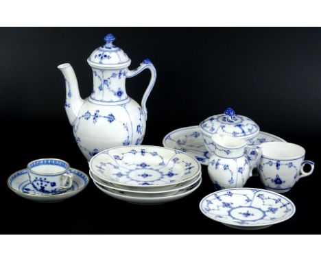 A collection of Royal Copenhagen Meissen style cups, saucers, plates, pot and cover, some pieces (AF), and a Meissen blue and