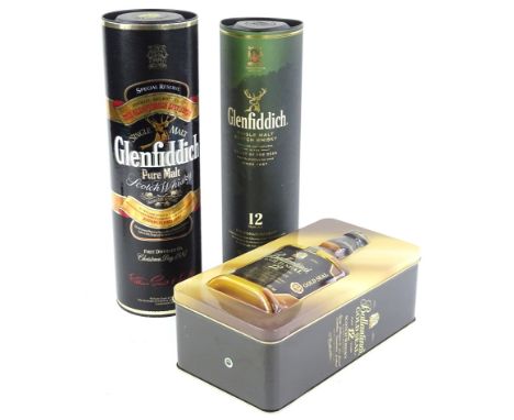 Three bottles of Scotch whisky, to include two bottles of Glenfiddich. (one 12 years old), and a bottle of Ballantine's Gold 