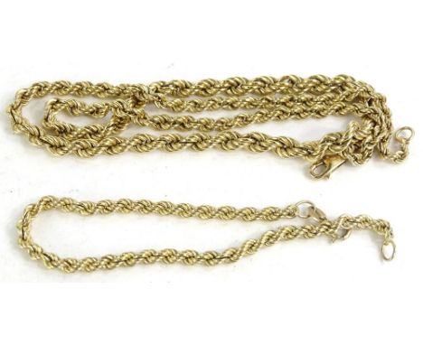 A matched necklace and bracelet set, the rope twist 9ct gold necklace, 6.4g, and a similar style bracelet, 2.4g. (2)