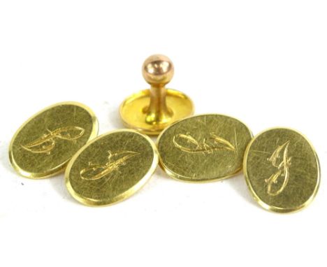 A pair of 18ct gold cuff links, bearing initials J, and a 9ct gold collar stud, 12.3g.