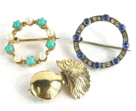 Three brooches, to include a 9ct gold circular seed pearl and turquoise set brooch, 3cm W, 3.1g, a vase in flowers brooch, ye