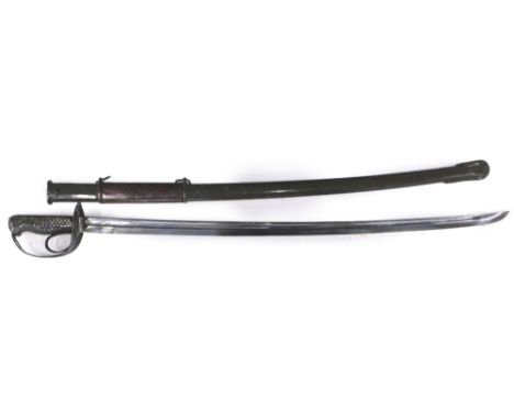 A Chinese infantry officers sword, with a green painted and brown leather scabbard, the blade stamped 630965, the handle cast
