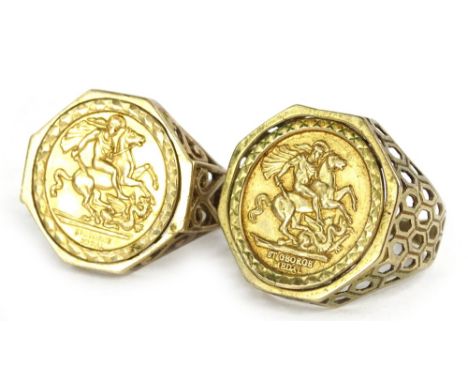 Two 9ct gold coin rings, each mounted with a gold plated St George medal, on pierced design ring band, 10.3g.