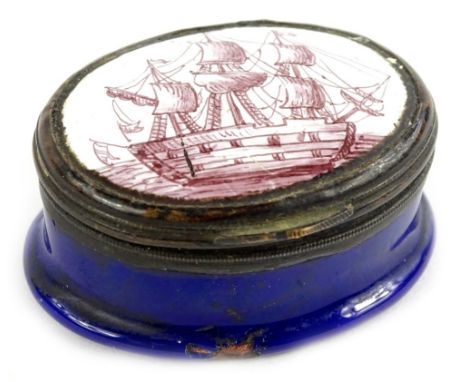 An 18thC Staffordshire enamel oval pill box and cover, the lid decorated with a three masted sailing ship or galleon, the int