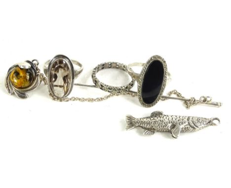 A small quantity of silver jewellery, to include a silver and imitation stick pin, and a silver fish pendant, a silver and ma