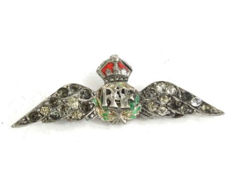 A silver RAF brooch, set with paste stone set wings and enamel design, (AF), some stones missing and loss to enamel, 7.5g W, 