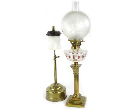 A late 19th/early 20thC brass Bohemian style oil lamp, the etched type frosted shade, decorated with swags, bows etc., above 