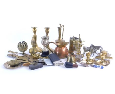 Miscellaneous metalware etc., to include a pair of 19thC brass candlesticks, Indian bell, chariot souvenir, marble paperweigh