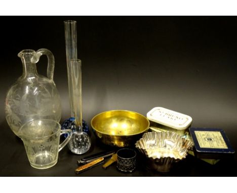 Various collectors items, to include a Victorian leaf engraved spirit flask, an oriental brass bowl etc.