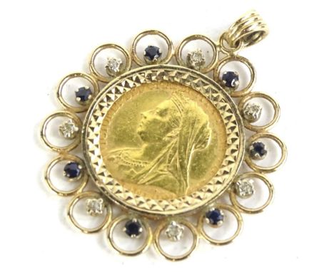 A Victorian full gold sovereign pendant, the sovereign dated 1896, in a 9ct gold frame, set with sapphires and diamonds, 13.2