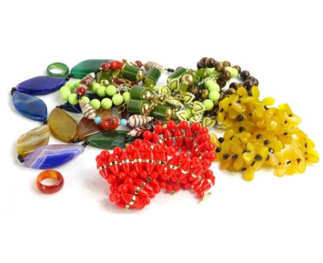 A quantity of semi precious stone necklaces and others, to include a diamond shaped semi precious stone necklace with green, 