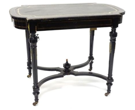 A Victorian ebonised writing table, the rectangular top with bow shaped ends and a later green leather inset, the frieze with