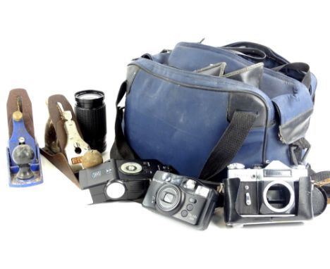 Miscellaneous cameras and camera equipment, to include a Sigma lens and two Record metal planes etc.