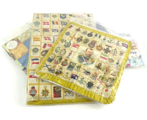 Miscellaneous vintage textiles, some lace, christening gown, patchwork and a quantity of mounted silk cigarette cards.