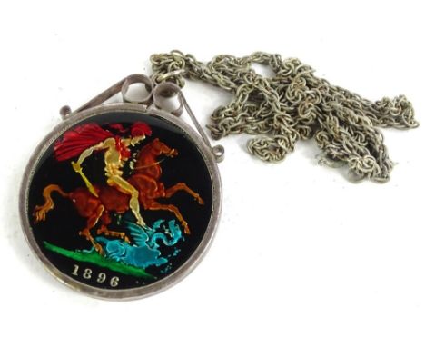 A Victorian 1896 enamel painted crown pendant, in silver painted frame, with silver plated chain.