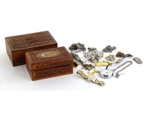 A quantity of costume jewellery and effects, enclosed in two wooden boxes, to include chunky gents silver chains, 281g all in