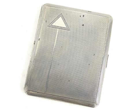 A silver Art Deco cigarette case, with engine turned decoration and a triangular vacant cartouche, the interior also engraved