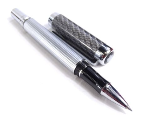 A Mont Blanc ball point pen, with brushed steel and enamel type decoration, engraved Winbosslong.