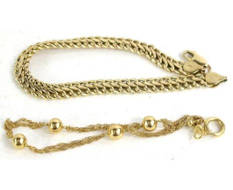 Two 9ct gold bracelets, to include a 9ct gold S hook bracelet, 4.7g, and a gold coloured fine link and ball design bracelet. 