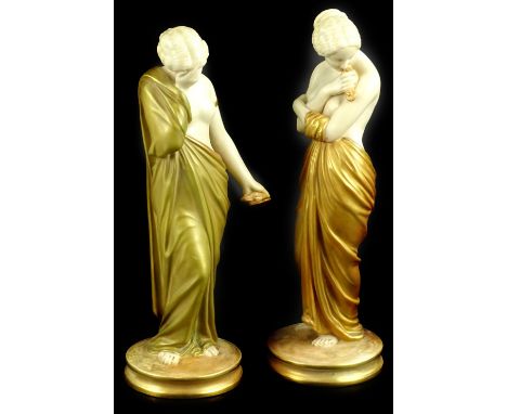 A pair of Royal Worcester porcelain figures, each modelled in the form of a partially nude female carrying a dove, printed ma
