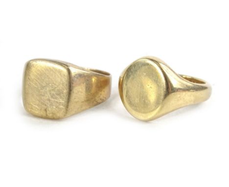 Two 9ct gold signet rings, one with plain square shield, the other with plain oval shield, 13.6g.