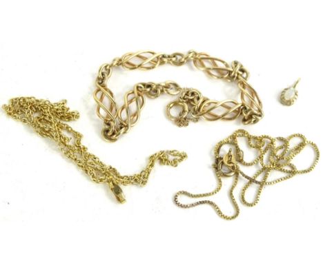 Two necklaces, a bracelet and pendant, to include a 9ct gold fancy link bracelet, with safety chain, 10.2g, a gold plated cha