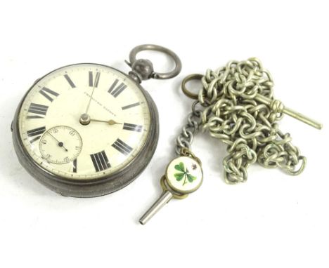 A silver pocket watch, with large circular white enamel dial, and gold coloured handles, with seconds dial, marked to interio