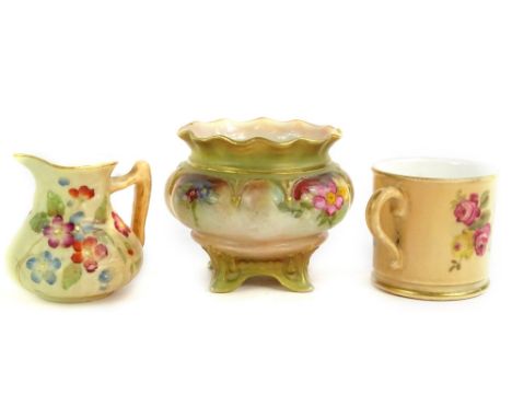 Three Royal Worcester porcelain items, to include a miniature mug decorated with flowers, printed mark in puce to underside, 