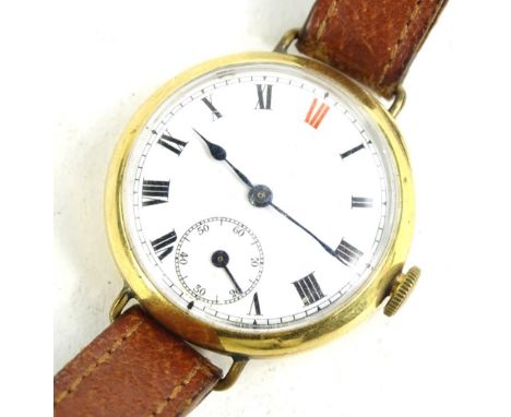 A gentleman's wristwatch, with circular white enamel dial watch head, with seconds dial blue hands, in 18ct gold case, marked
