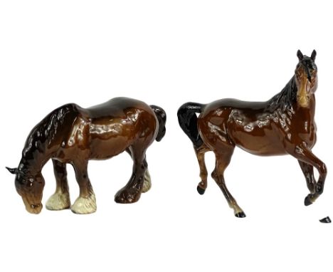 A Beswick ceramic model of a brown Shire horse, and a model of a galloping brown horse. (2)