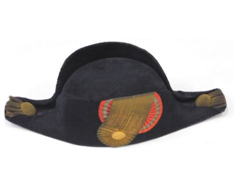 A 19thC Danish bicorn hat, stamped C.L. Siefert Copenhagen in gold, 44cm W.