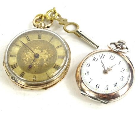 Two fob watches, comprising one fob watch with enamel design decoration of a lady, (AF), with clock key, yellow metal unmarke