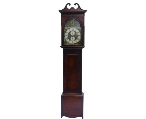 An early 19thC Scottish longcase clock, by Nielson Love, Anderston, the arched dial painted with a battle scene of the Duke o