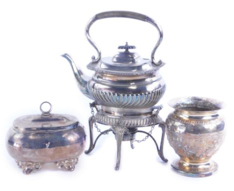 A quantity of silver plate, to include a tea caddy with engine turned decoration, ring handle and a key, a spirit kettle and 