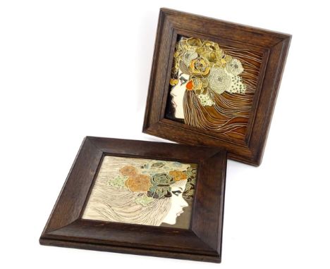 Two modern Maw and Co ceramic tiles, each decorated with Art Nouveau style female profiles, each with tube lined decoration, 