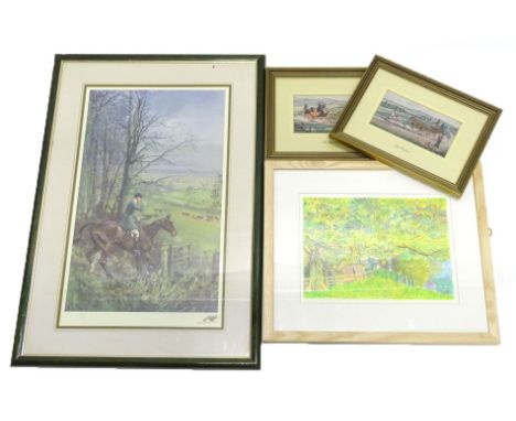 After Lionel Edwards.  Hunting scenes, limited edition print 119 of 495, a print titled Gentle Linger and two Cash woven pict
