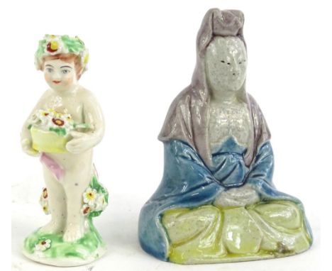 An oriental ceramic Buddha type figure, in the seated position, glazed in purple, blue and yellow, unmarked, and a Derby porc