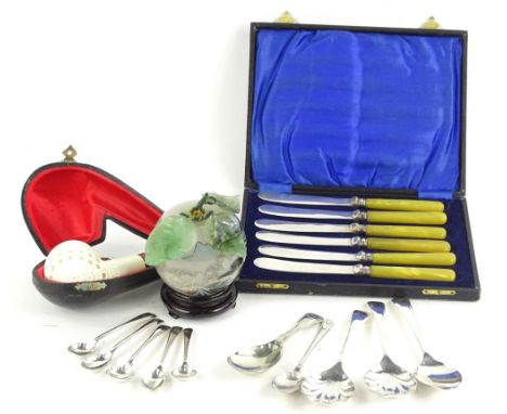 Miscellaneous items, to include a carved Meerschaum pipe, silver plated spoons, to include caddy spoons, set of six dessert k