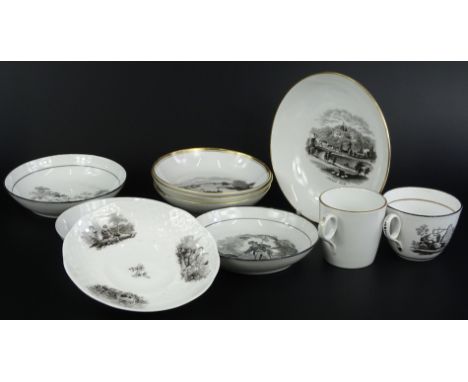 A collection of 19thC English Bat printed cups and saucers, each decorated with rural scenes, landscapes etc.