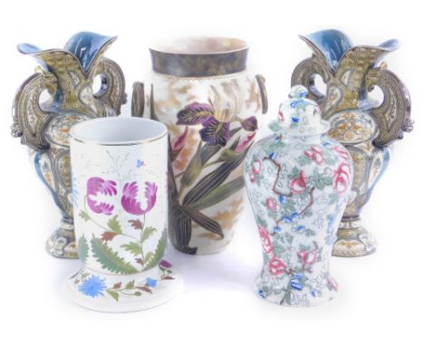 Miscellaneous ceramics, to include a pair of Austrian two handled vases in a manner of Zsolnay, a ceramic oil lamp base, tran