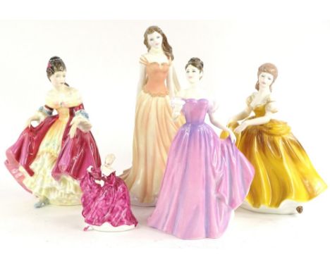 Five Royal Doulton, Coalport and Royal Worcester porcelain ladies, Congratulations to You, Southern Belle, Theresa, Wistful a