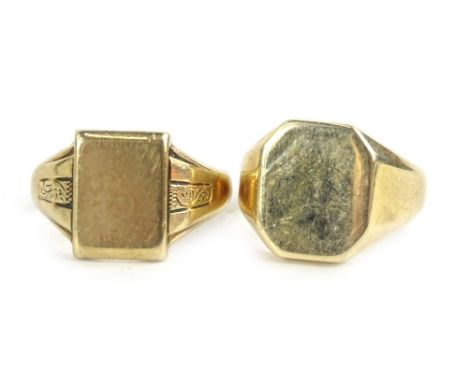 Two 9ct gold signet rings, one of chunky design with octagonal plain shield, the other with rectangular shield, bearing initi