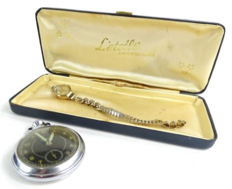 Two watches, to include an Ingersoll silver plated pocket watch, with black enamel dial and green hands, together with a ladi