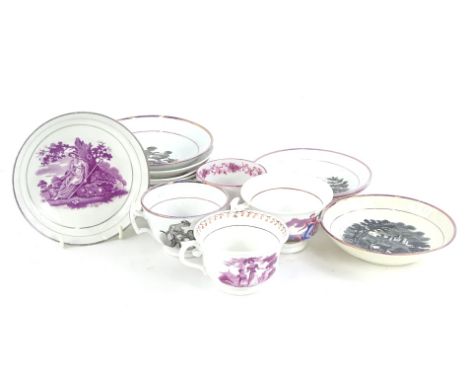 A collection of 19thC English porcelain cups and saucers, each decorated with  Sunderland type lustre with printed scenes to 